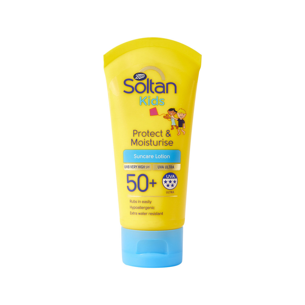 Boots บู๊ทส์ โซลแทน คิดส์ โพรเท็ค แอนด์ มอยส์เจอร์ไรซ์ ยูวีบี เวรี่ ไฮ เอสพีเอฟ 50+ ซันแคร์ โลชั่น 50 มล.