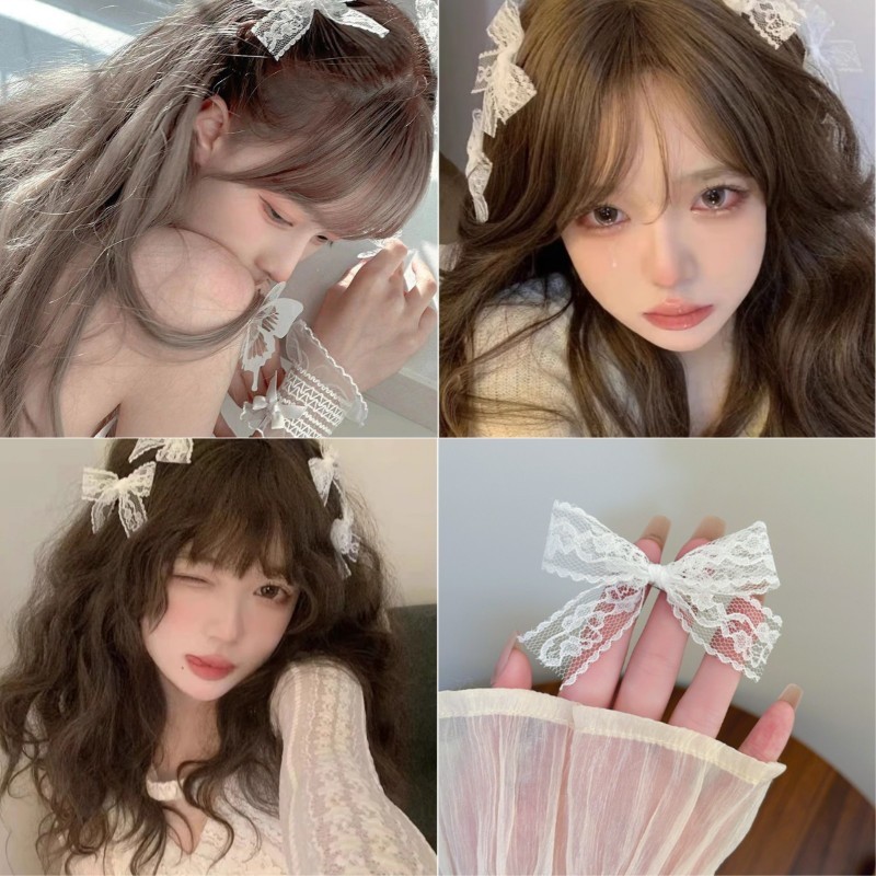 poppyjoy 2025 กิ๊บติดผมโบว์ปักลูกไม้คลิปปากเป็ด