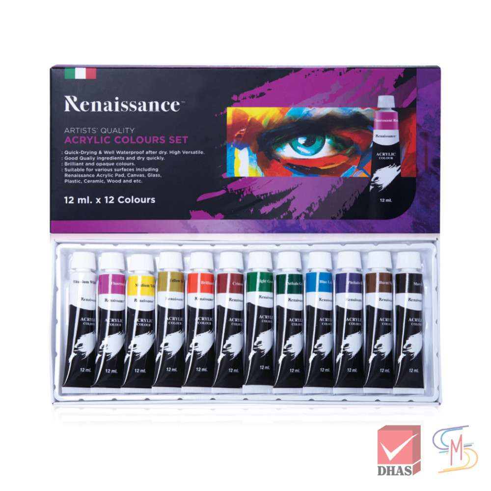Renaissance สีอะคริลิค ชุดสีอะคริลิค 12 ml. 12 สี จำนวน 1 กล่อง