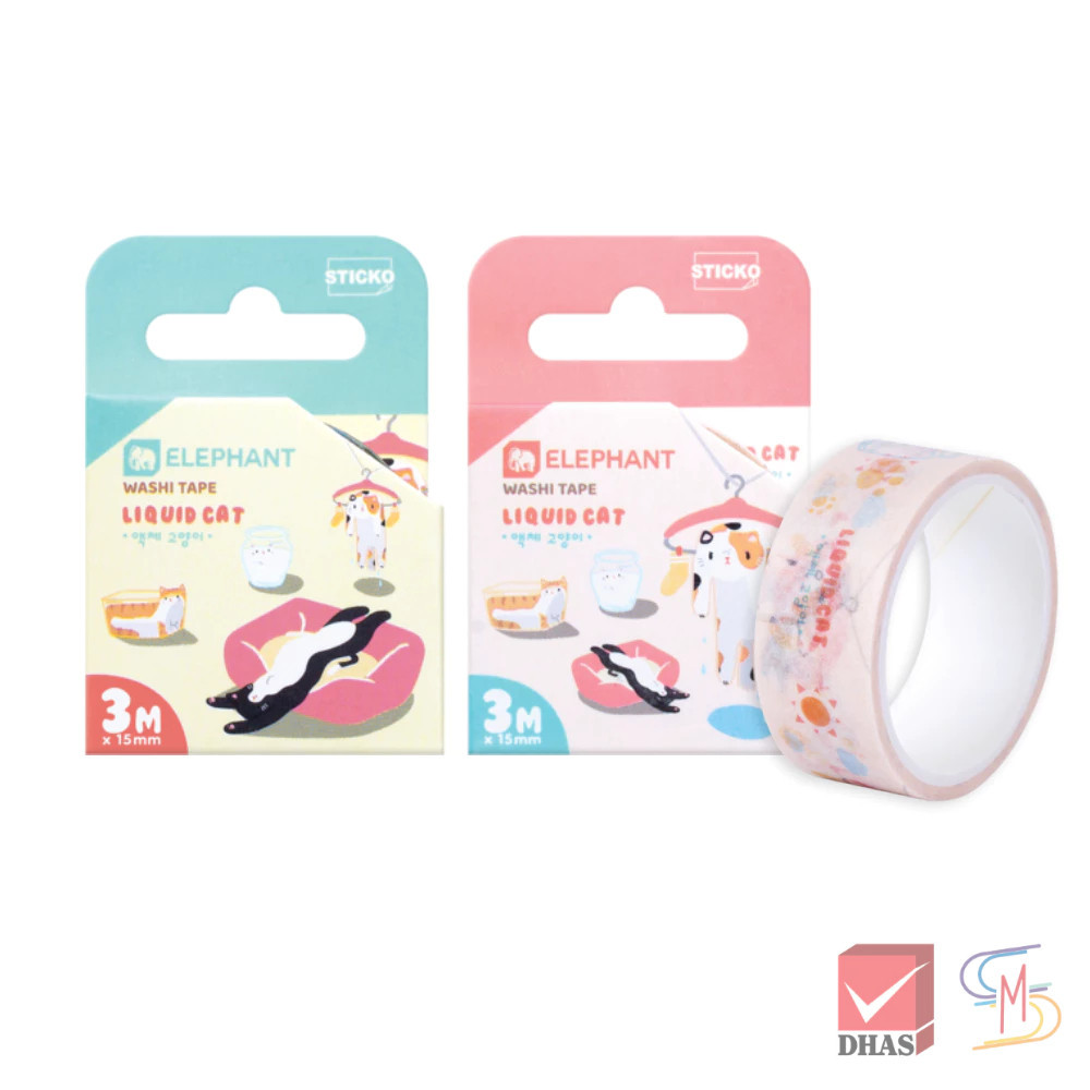 Elephant ตราช้าง เทปกาว วาชิเทป 15 มม. x 3 ม. ลิควิดแคท (คละลาย) จำนวน 1 ชิ้น