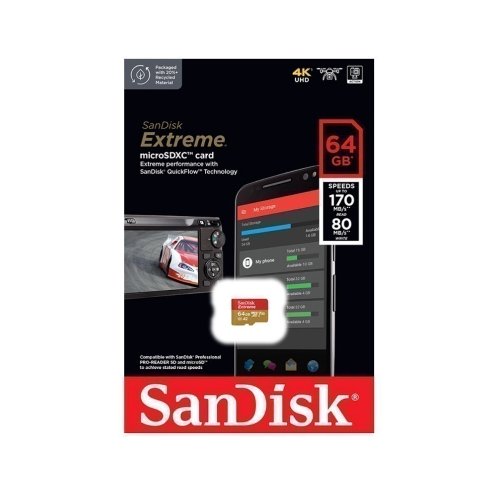 SanDisk Extreme microSDXC UHS-I A2 64GB (SDSQXA2-064G-GN6GN) ความเร็วสูงสุด อ่าน 160MB/s เขียน 60MB/s รับประกัน Synnex