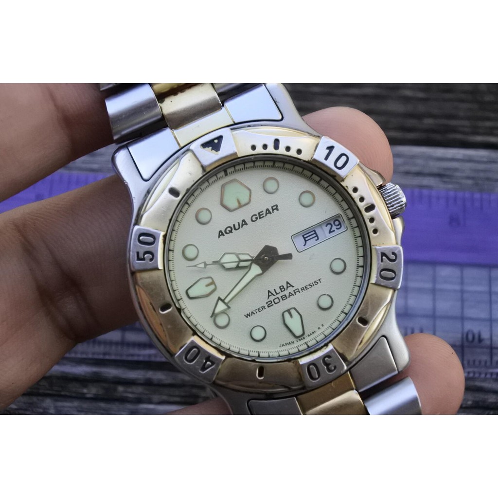 นาฬิกา Vintage มือสองญี่ปุ่น ALBA AQUA GEAR V348 6A50 ระบบ QUARTZ ผู้ชาย ทรงกลม DRIVER หน้าปัดเรืองแ