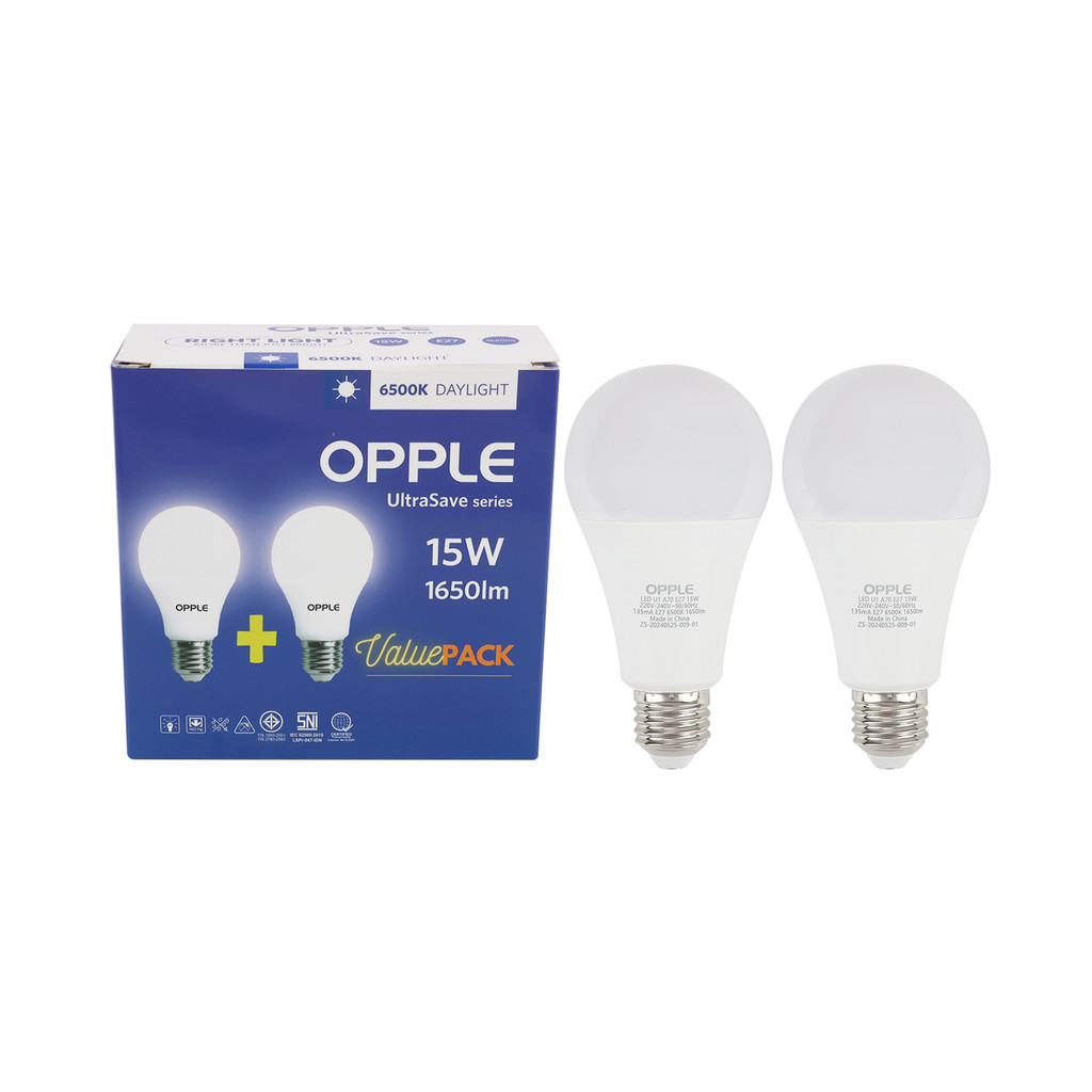 หลอดไฟ LED E27 15W Daylight OPPLE รุ่น LED U1 A70 E27 15W P2 (แพ็ก 2 ชิ้น)