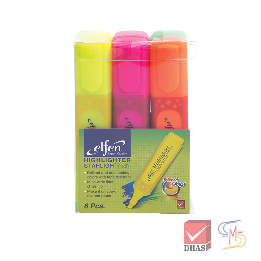 Elfen เอลเฟ่น ปากกาไฮไลท์ ปากกาเน้นข้อความ สตาร์ไลท์ คละสี จำนวน 6 แท่ง