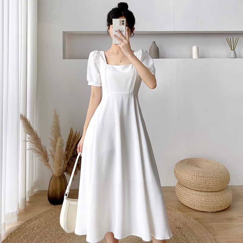 ชุดเดรสแขนพองทรงสี่เหลี่ยมคอวีสุดหรูสไตล์ฝรั่งเศส มีให้เลือก 3 สี