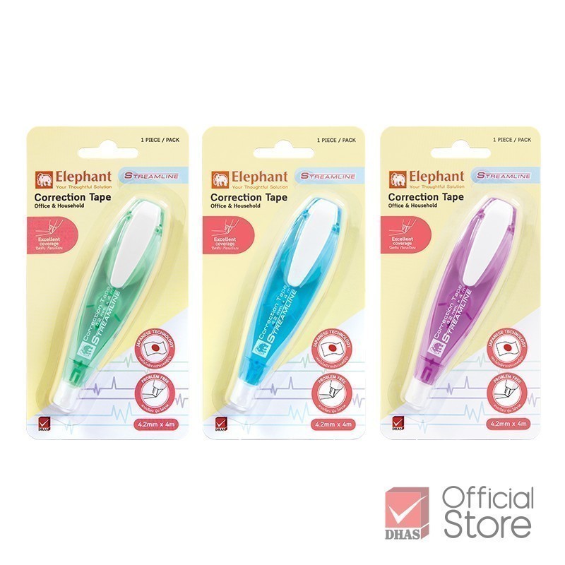 Elephant เทปลบคำผิด สตรีมไลน์ คละสี จำนวน 1 ชิ้น