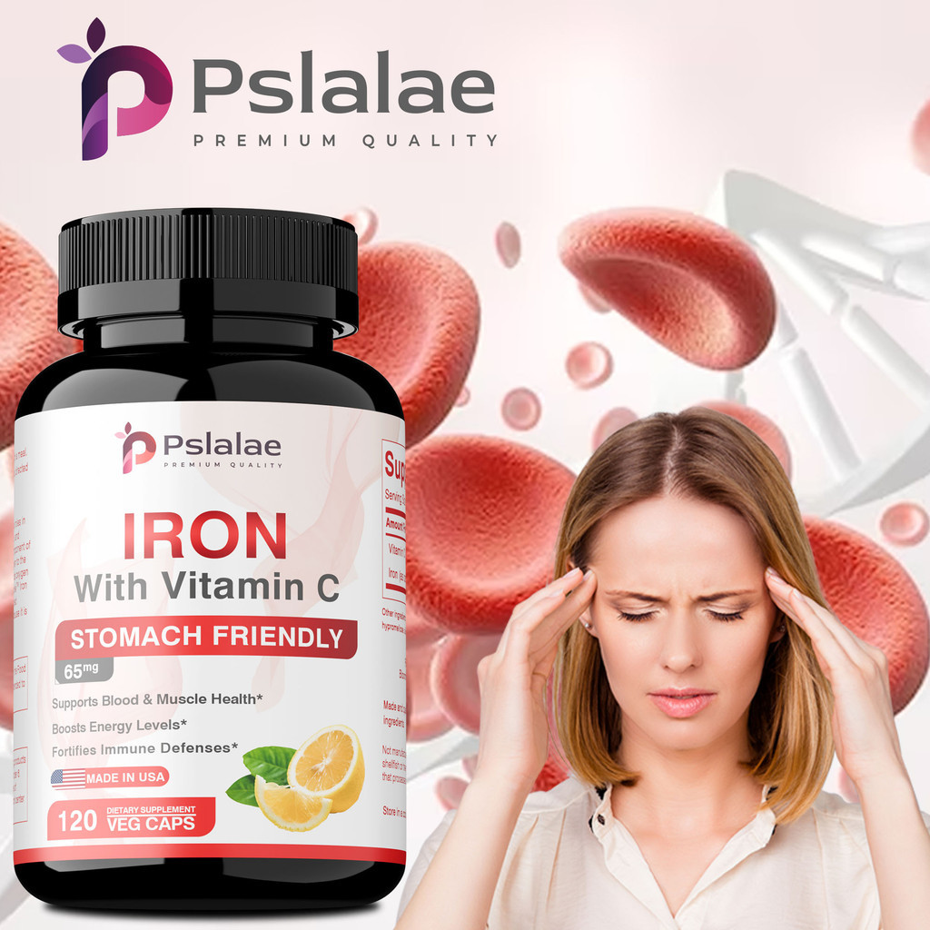Pslalae Premium Iron & Vitamin C Capsules เหล็กอ่อนโยน + วิตามินซี รองรับความดันโลหิต & พลังงาน สูตรที่เป็นมิตรต่อท้อง มังสวิรัติ Made in USA
