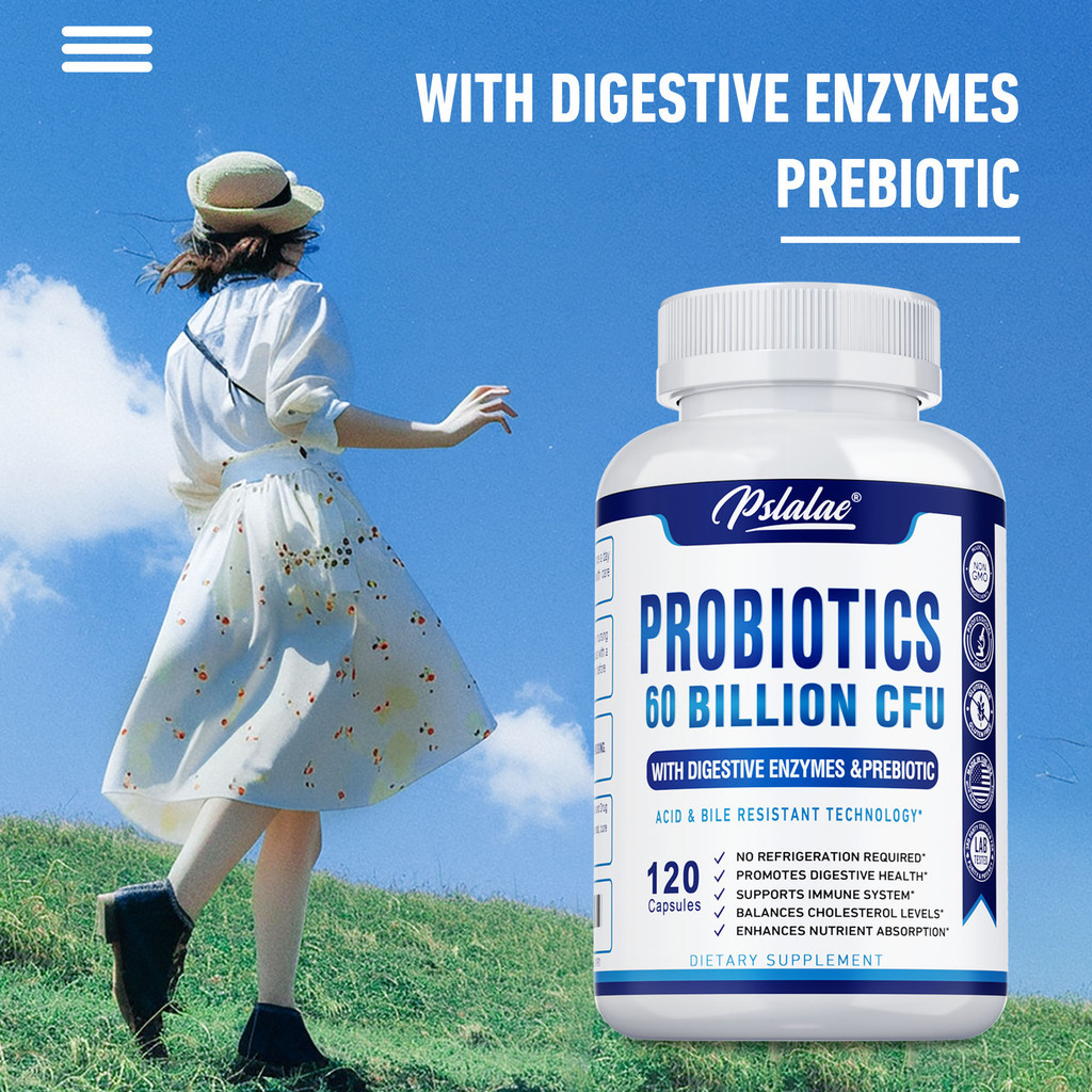 Pslalae แคปซูลโปรไบโอติกที่มีเอนไซม์ย่อยอาหารและพรีไบโอติก, Gut Health & Immune Support, ทนต่อกรด, ไม่ต้องทําความเย็น, ไม่ใช่จีเอ็มโอ