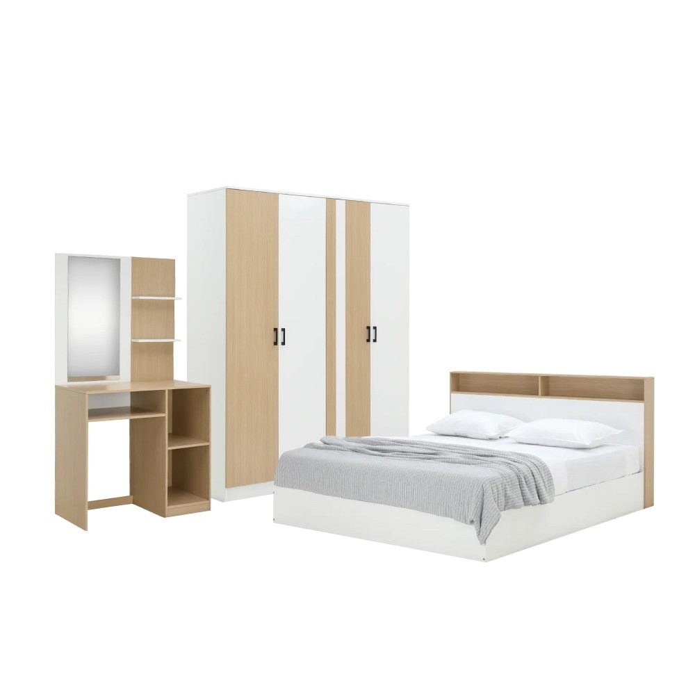 Furinbox ชุดห้องนอน รุ่นคาร์เนชั่น+แมกโนเลีย ขนาด 6 ฟุต (เตียง, ตู้เสื้อผ้า 4 บาน, โต๊ะเครื่องแป้ง ) - สีขาว/ธรรมชาติ