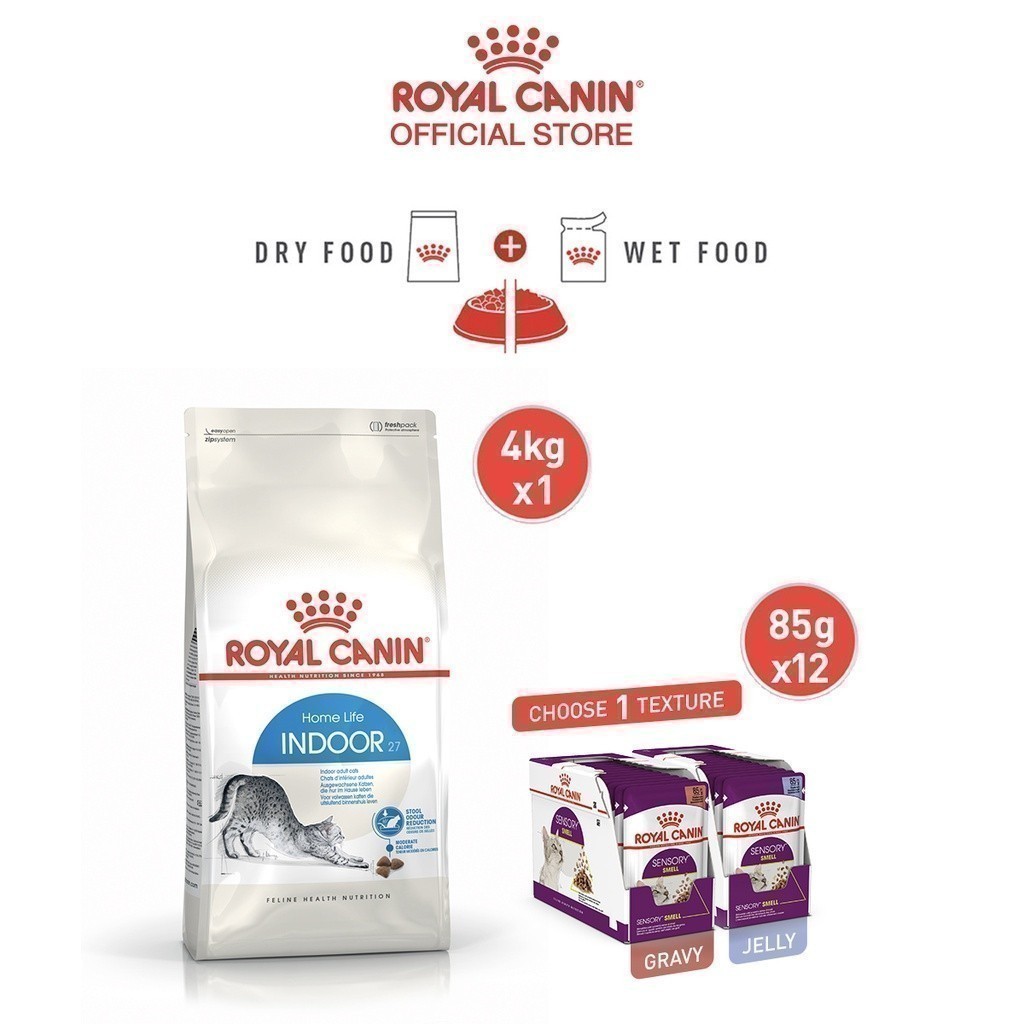 [เซตคู่สุดคุ้ม] Royal Canin Indoor 4kg แมวเลี้ยงในบ้าน+Royal Canin Sensory Smell Pouch แมวกินอาหารยาก อายุ 1 ปีขึ้นไป
