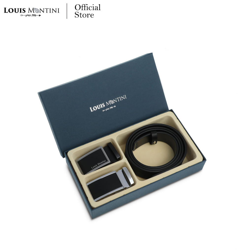 Louis Montini طقم حزام جلد طبيعي بإبزيمين أوتوماتيكيين — علبة هدية