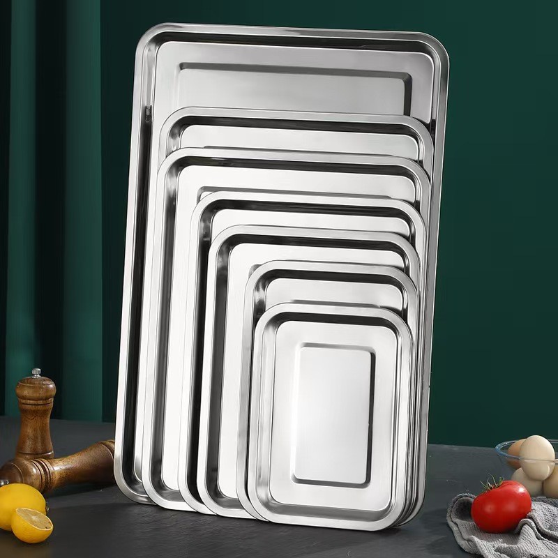 MY COFFEE💗 ถาดอาหารสแตนเลส รุ่นเหลี่ยมตื้น ความลึก 2 ซม. ป้องกันสนิม มี 4 ขนาด U8ZC