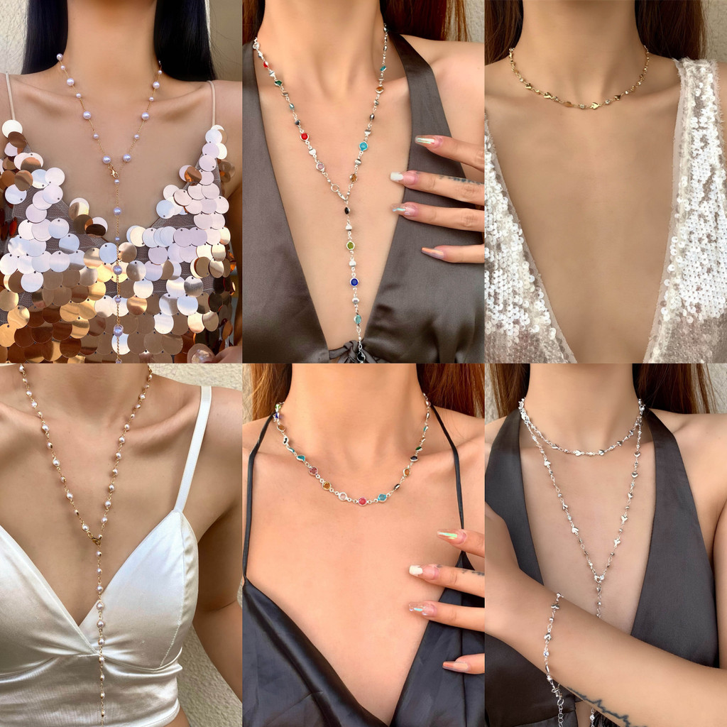 สร้อยคอแฟชั่น สร้อยมุก จี้เพทาย   ประดับเพชรเรโทร สีสันสดใส โบฮีเมียน✨ พร้อมส่งในไทย