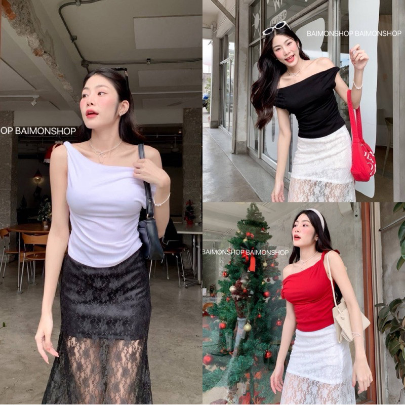 เสื้อครอปท็อปแขนสั้นลําลอง เปิดไหล่ข้างเดียว ทรงสวยใส่เข้ารูปเซ็กซี่มาก