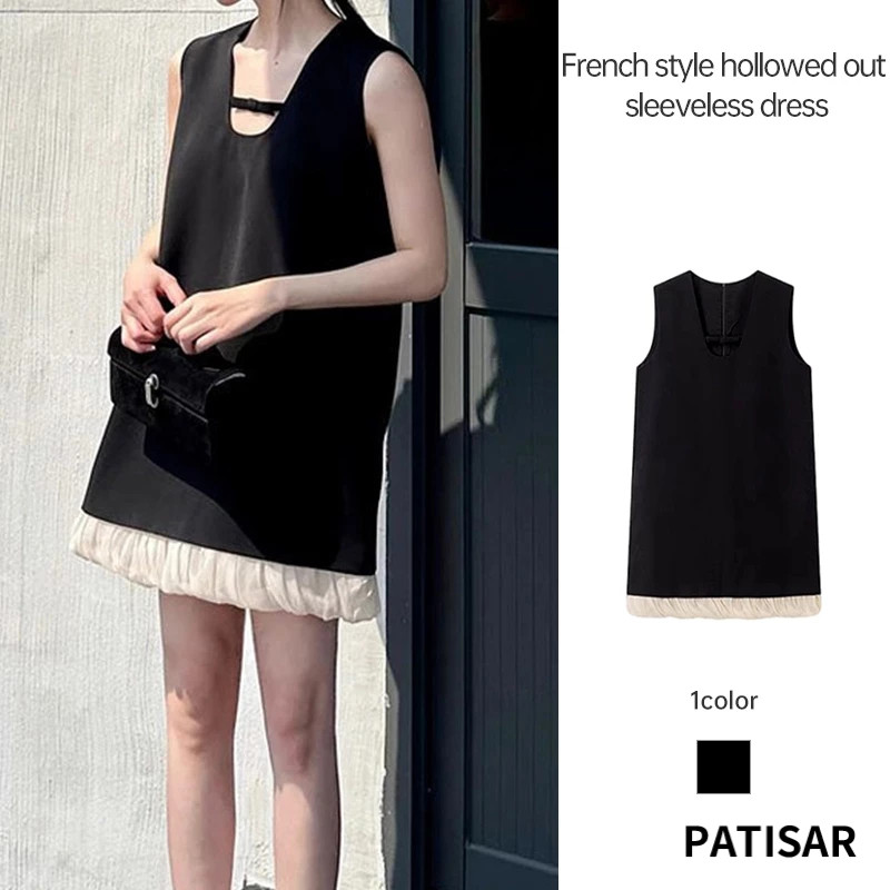 สไตล์ฝรั่งเศส Hollow-OUT ชุดเดรสแขนกุดผู้หญิง High-end ชุดเดรสสั้นหลวม A-Line Dress PR