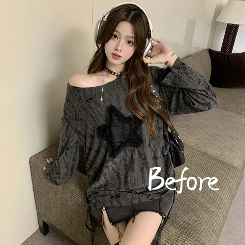 เสื้อยืดแขนยาว คอกลม ป้องกันแดด ทรงหลวม ลายดาว สามมิติ แฟชั่นฤดูใบไม้ร่วง สไตล์เกาหลี สําหรับผู้หญิง BF