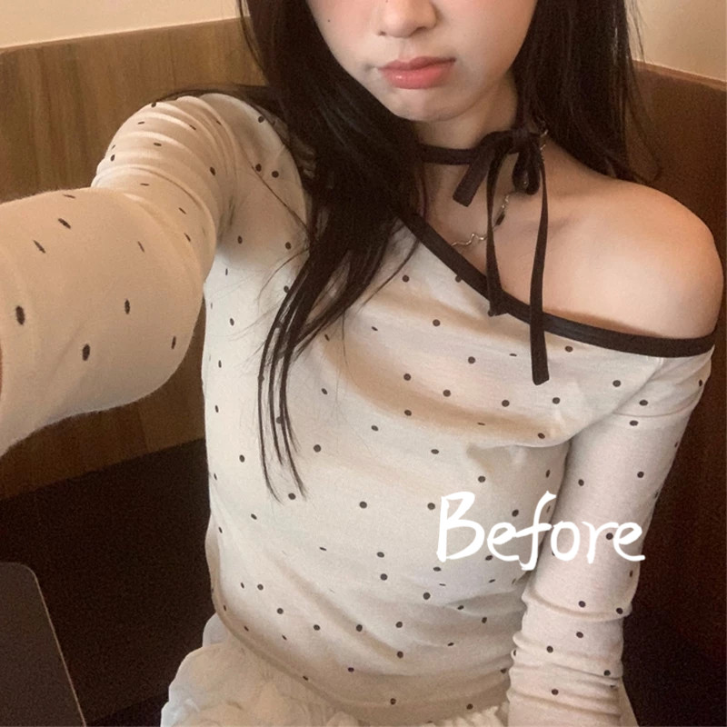 เสื้อยืดแขนยาวลายจุดผู้หญิงปิดไหล่กระชับสัดส่วนด้านล่างเสื้อสั้นสาวฮอต BF
