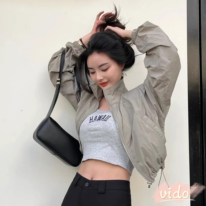 เสื้อกันลม Drawstring สั้นกลางแจ้ง Stand-up Collar Zipper Jacket ผู้หญิงป้องกันแสงแดดเสื้อแจ็คเก็ตบาง VIDO