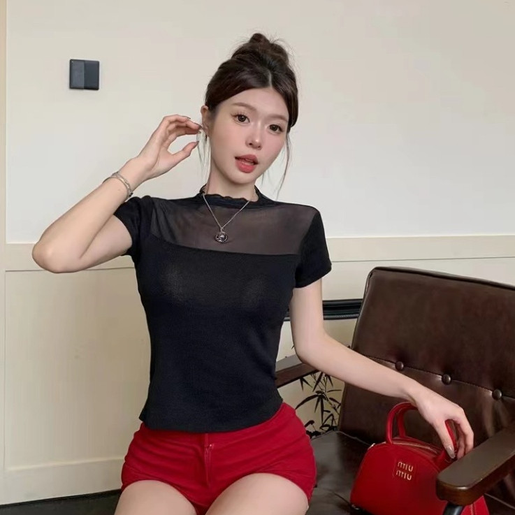 เสื้อยืดไมโครโปร่งใสลูกไม้เย็บปะติดปะต่อเซ็กซี่สลิมฟิตด้านบน SY