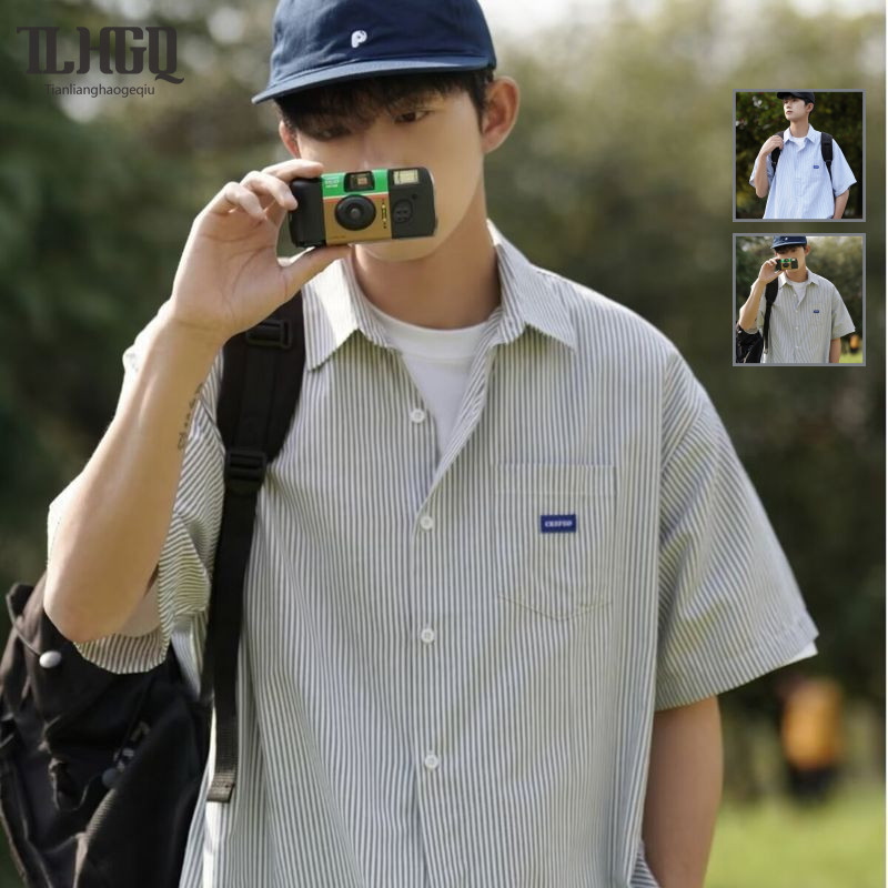 TLHGQ เสื้อเชิ้ตลาย ผู้ชาย คนพาล หล่ออเมริกันย้อนยุคหลวมสบายๆเสื้อแขนสั้นแจ็คเก็ต