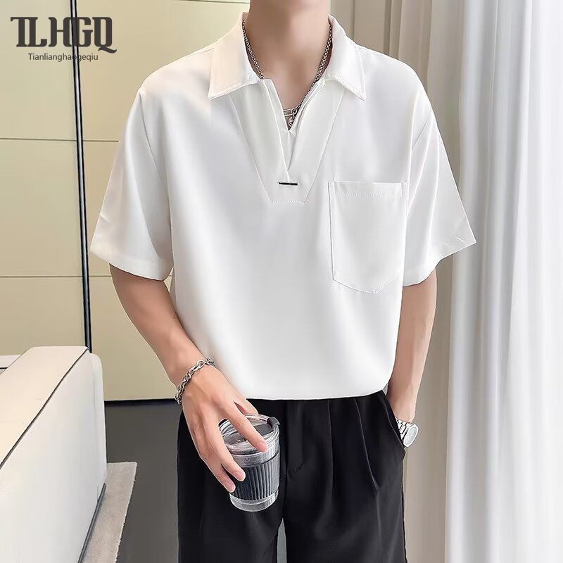 TLHGQ เสื้อโปโลแขนสั้นแฟชั่นสําหรับผู้ชายมีกระเป๋าและทรงหลวม