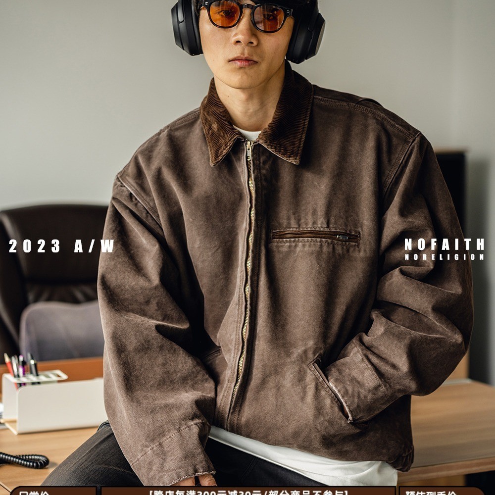 TLHGQ  เสื้อแจ็คเก็ต American Retro Workwear Distressed Loose Baseball Uniform Jacket