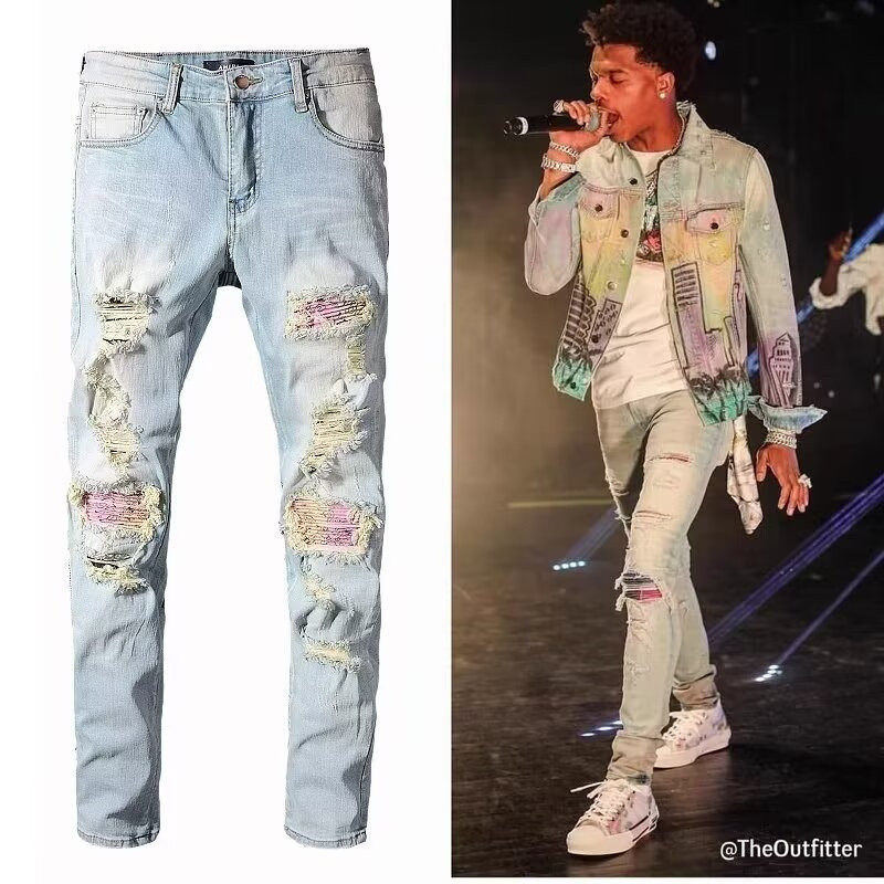 TLHGQ กางเกงยีนขายาว ยืดหยุ่น เข้ารูป แต่งรอยขาด สไตล์ยุโรป และอเมริกา สําหรับผู้ชาย