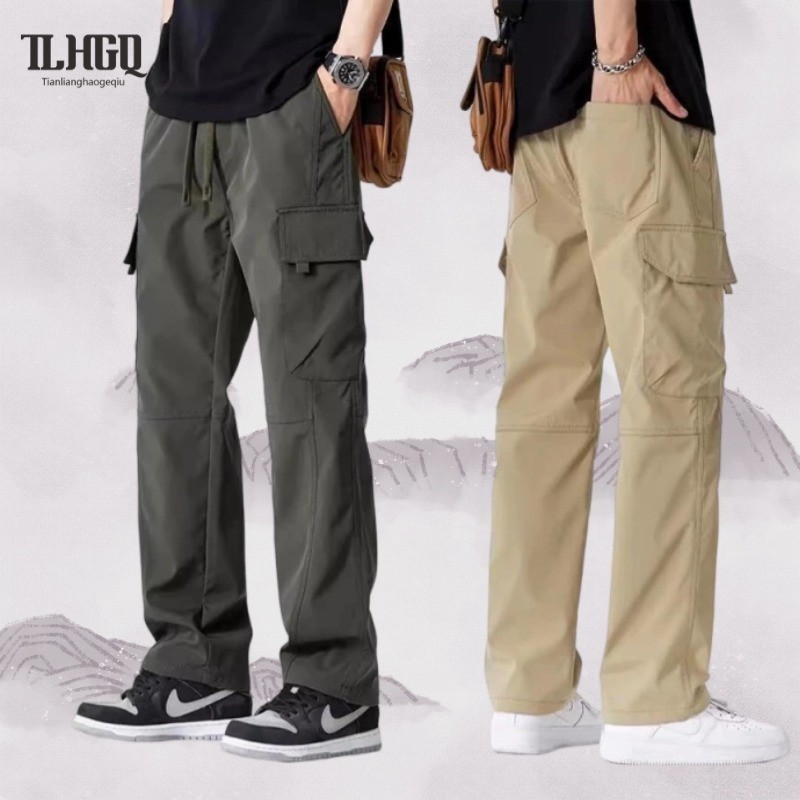 TLHGQ กางเกงคาร์โก้ผู้ชาย กางเกงขายาวคาร์โก้สไตล์อเมริกันลำลองที่มีกระเป๋าหลายช่องขนาดบวกอย่างม