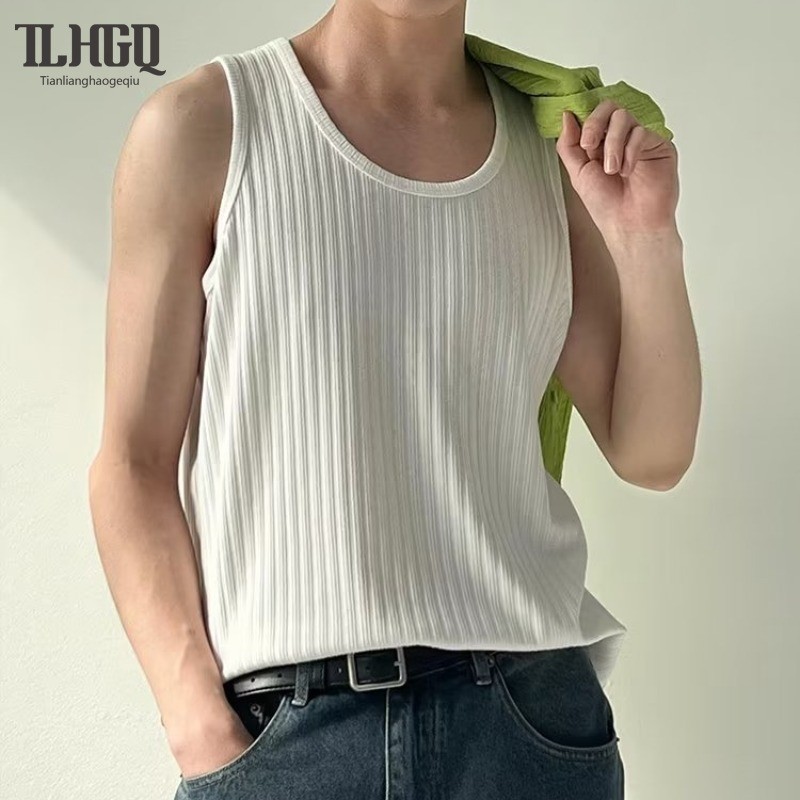 TLHGQ เสื้อกล้ามผู้ชายสีทึบเรียบง่ายหยาบหลุมแถบอเนกประสงค์ถักเสื้อกล้ามฤดูร้อนพื้นฐานผ้าฝ้ายทั้งหมดเสื้อกันหนาวแขนกุดเสื้อยืดเสื้อกล้ามผู