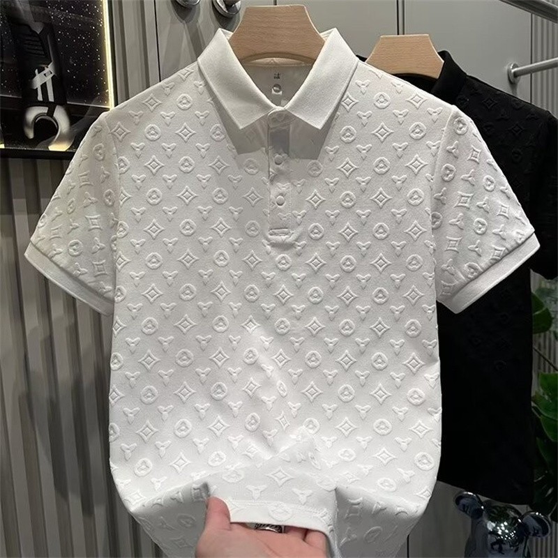 เสื้อยืดผู้ชายแฟชั่น Jacquard Simple Casual เสื้อโปโลเยาวชน Slim Fit Collar เสื้อยืดแขนสั้น