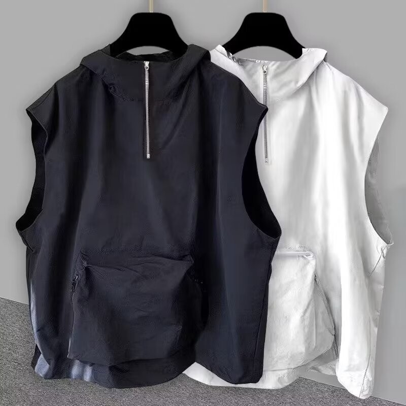 Grooove เสื้อกั๊กมีฮู้ดมีซิปสําหรับผู้ชายฤดูร้อนใหม่หลวมสีทึบ Workwear เสื้อกั๊กแขนกุดดีไซน์กระเป๋าขนาดใหญ่