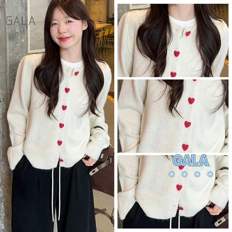 การออกแบบความรู้สึกหัวใจปุ่มเสื้อถักสไตล์อิดโรยถักคาร์ดิแกนผู้หญิงรอบคอด้านบน GA