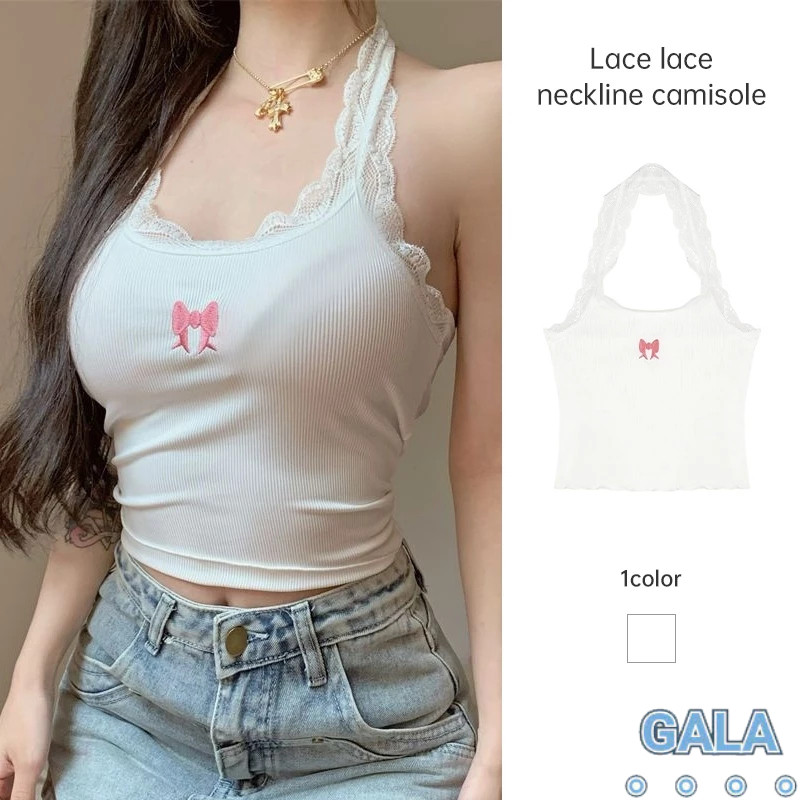 🎀พร้อมส่ง🎀 ลูกไม้ขอบแขวนคอ Camisole ผู้หญิงหวานเผ็ดสั้นเสื้อแขนกุด Bottoming GALA
