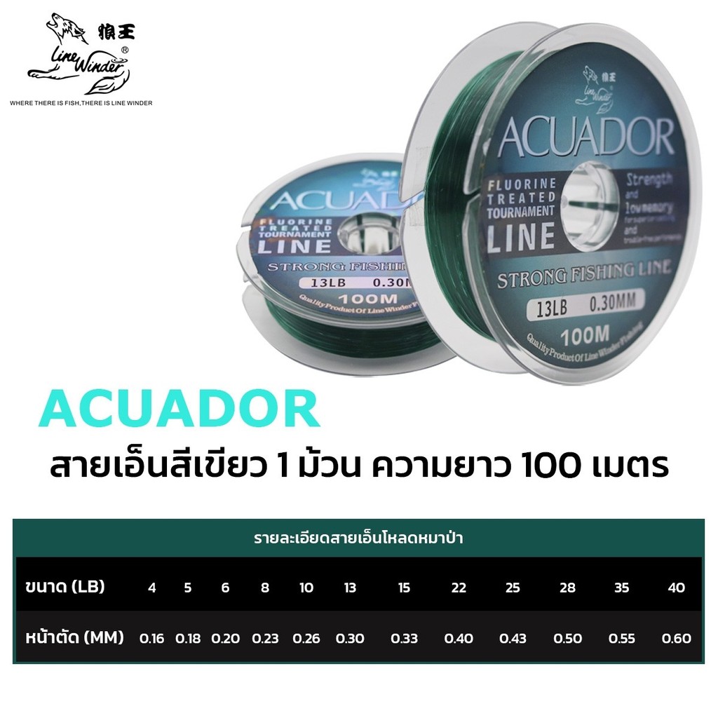 สายเอ็นโหลดหมาป่า Acuador 6 - 40 lbs ยาว 100 เมตร เอ็นตกปลา LINE WINDER ACUADOR