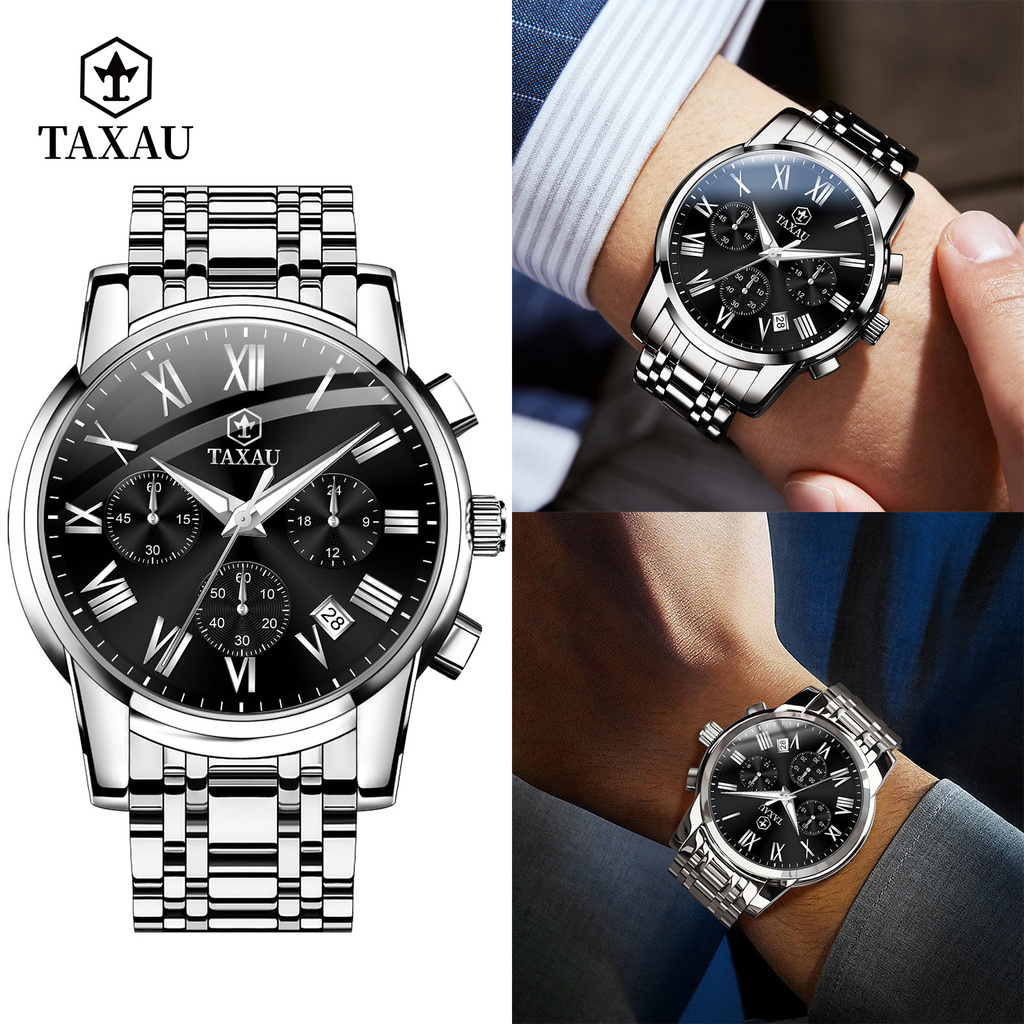 TAXAU นาฬิกาผู้ชาย 100%สายสแตนเลสกันน้ําสไตล์ธุรกิจนาฬิกาควอตซ์ที่เรียบง่ายและมีส ผู้ชายนาฬิกาข้อมือ