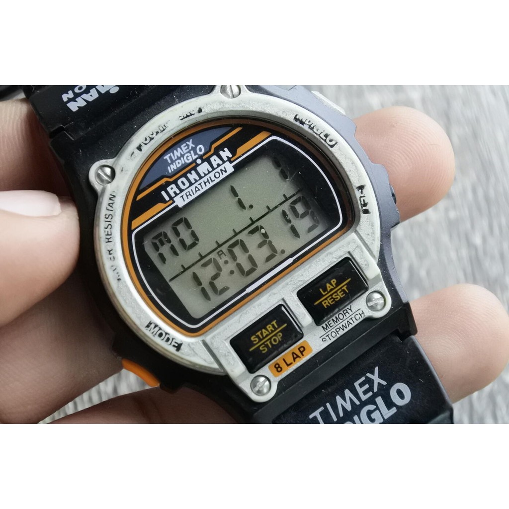 นาฬิกา Vintage มือสองญี่ปุ่น TIMEX IRONMAN QUARTZ ผู้ชาย ทรงสี่เหลี่ยม กรอบดำ LCD  41มม