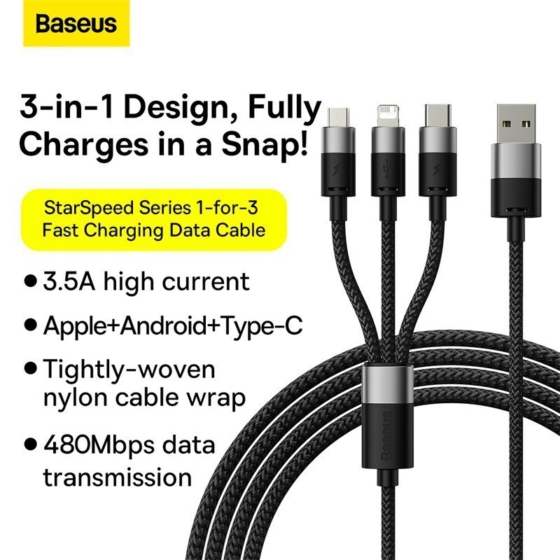 Baseus สายชาร์จเร็ว รุ่น StarSpeed 1-for-3 Fast Charging Data Cable USB to M+L+C 3.5A 1.2m Blue