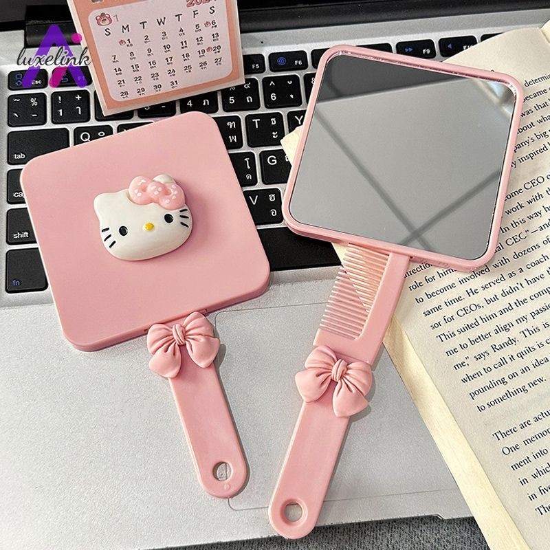luxelinkCute Kitty Makeup Mirror กระจกแต่งหน้ามือถือแบบพกพา Girl Heart Integrated Mirror Comb