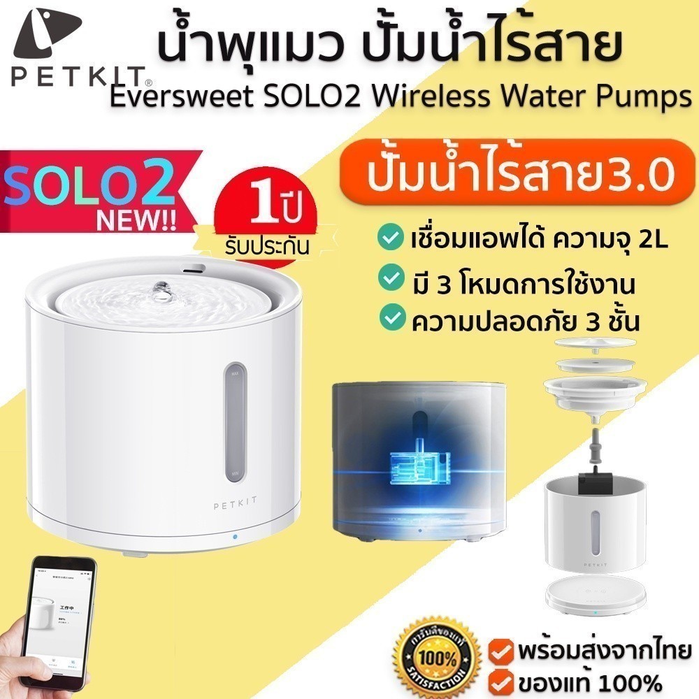ประกัน 1ปี PETKIT Eversweet SOLO 2 Wireless Water Pumps น้ำพุแมวปั้มไร้สาย เชื่อมแอพได้ น้ำพุแมว ขนาด 2 L M326