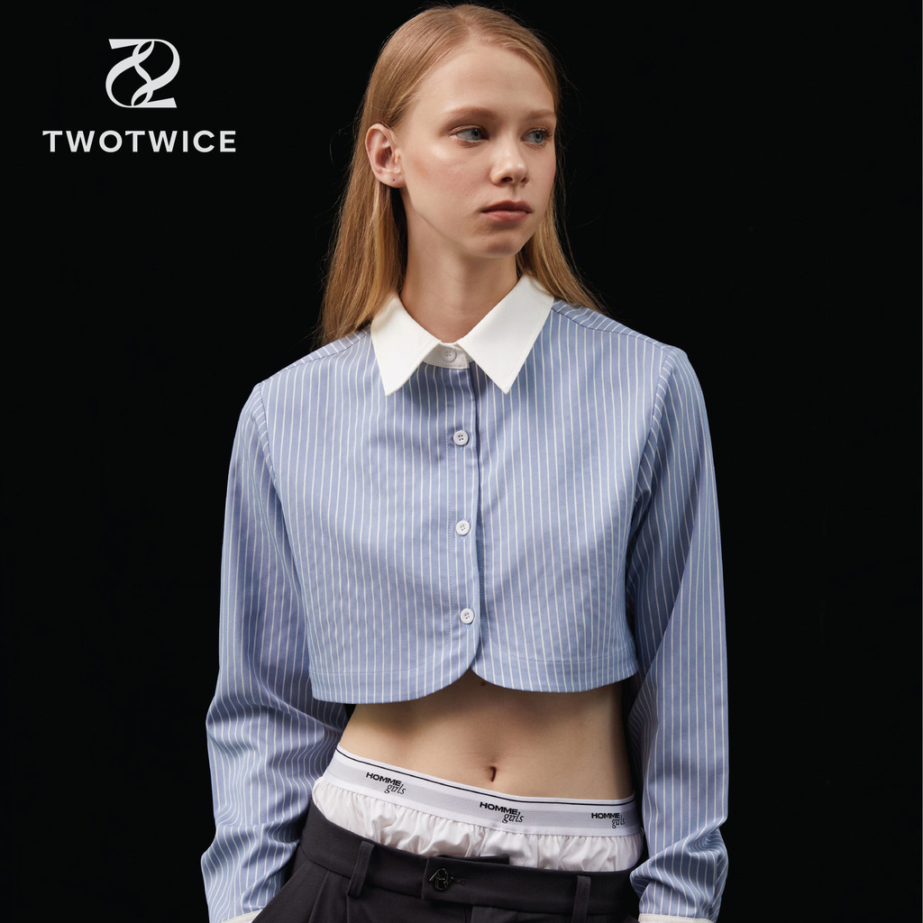Twotwice - Vertical Stripe Cropped - เสื้อเชิ้ตครอปสั้น ลายทาง ผ้านำเข้าจากญี่ปุ่น