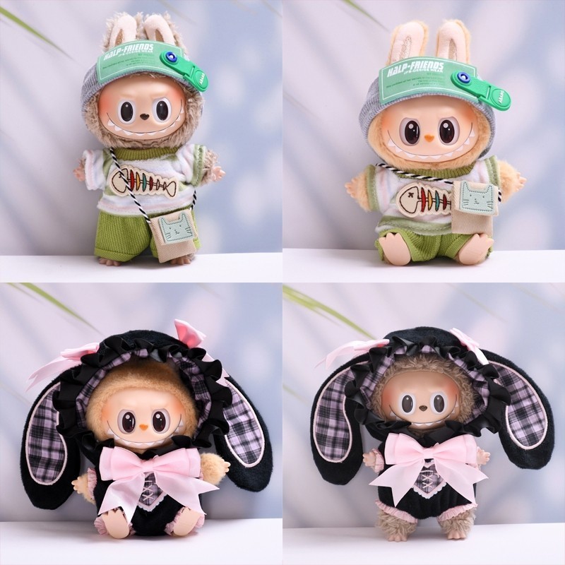 Labubu Macaron Hanging Clothes หมวกหูกระต่ายน่ารัก เสื้อผ้าก้างปลา ชุด 4 ชิ้น สําหรับตุ๊กตา labu V1/V2
