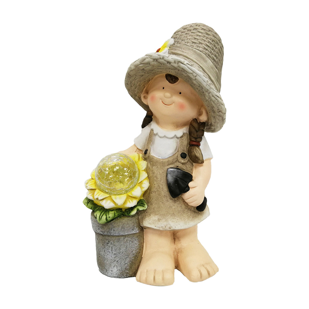 FONTE รูปปั้นแต่งสวนไฟโซลาร์เซลล์ เด็กผู้หญิงยืนคู่กระถางดอกไม้ รุ่น GB32-232062G