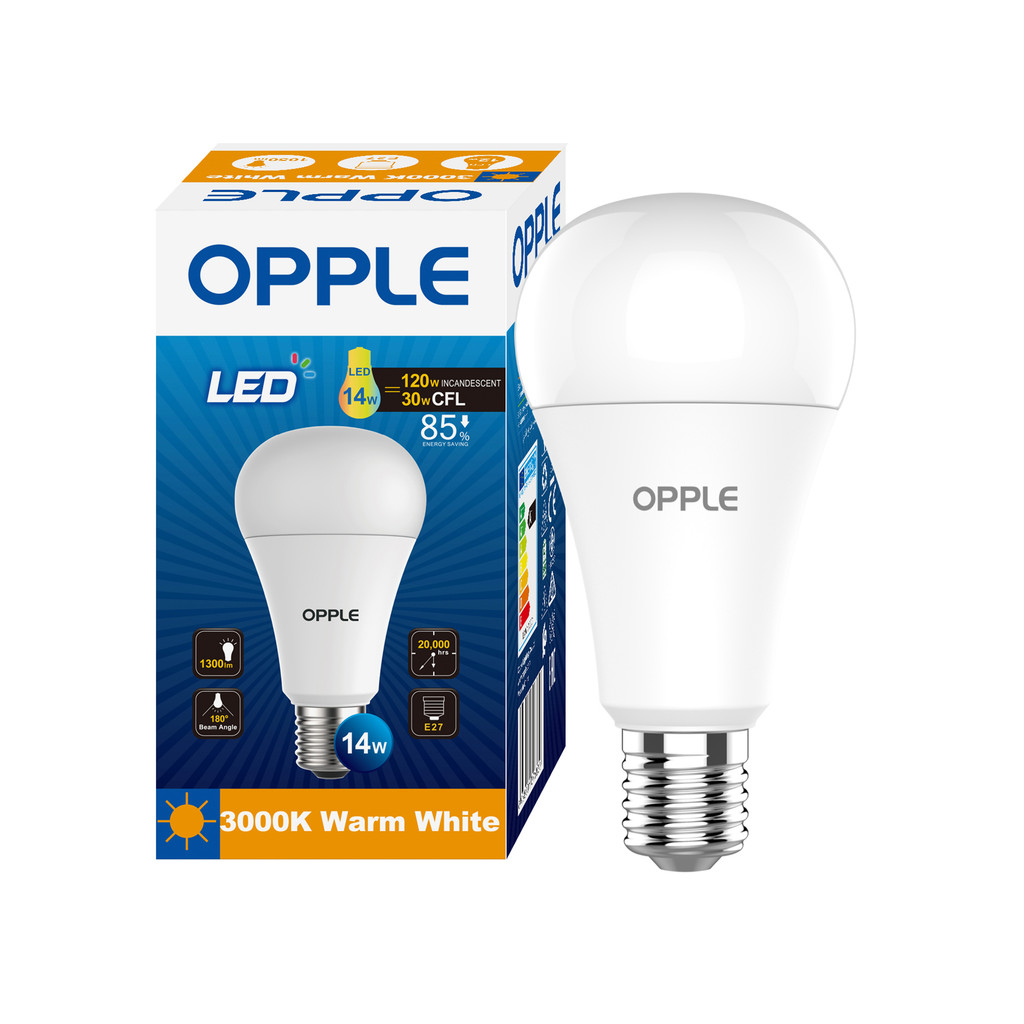 OPPLE หลอดไฟกลม LED E27 14W Warm White รุ่น E1A70-E27-14W-WWCTV7