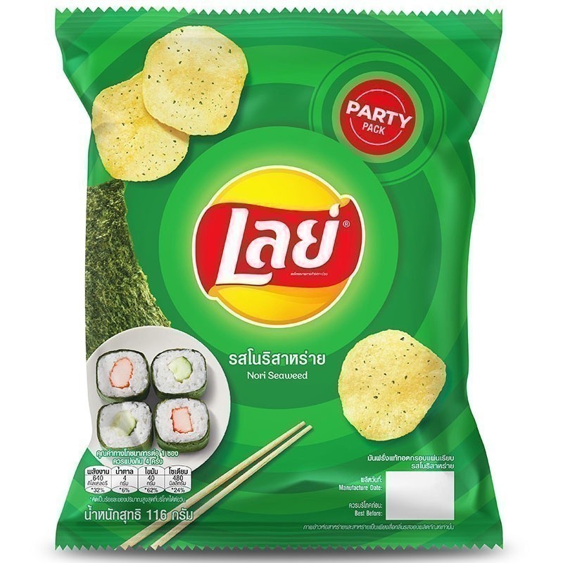 เลย์ปาร์ตี้แพ็คมันฝรั่งทอดกรอบแผ่นเรียบรสโนริสาหร่าย 105กรัม [8850718814145]