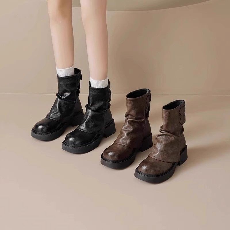 IELGY IELGY รอบ นิ้วเท้า สีทึบรองเท้าผู้หญิง 2025 แพลตฟอร์มอัศวินอังกฤษ มาร์ติน บูต หนัง - รูปที่ 2