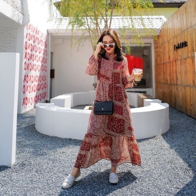 MyWay Brand : Dress สีแดงเข้มๆ ไม่ใช่สีแดงสดนะคะ – Antique Garnet Red ชุดเดรสยาว  ผ้าซีฟอง ราคา ถูกที่สุด ดีลบีเคเค