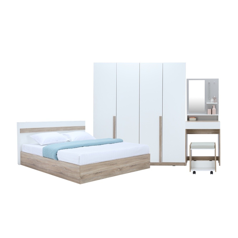 Furinbox ชุดห้องนอน รุ่นมินิโอ ขนาด 5 ฟุต (เตียง, ตู้เสื้อผ้า 4 บาน, โต๊ะเครื่องแป้งพร้อมสตูล) - สีธรรมชาติ/ขาว