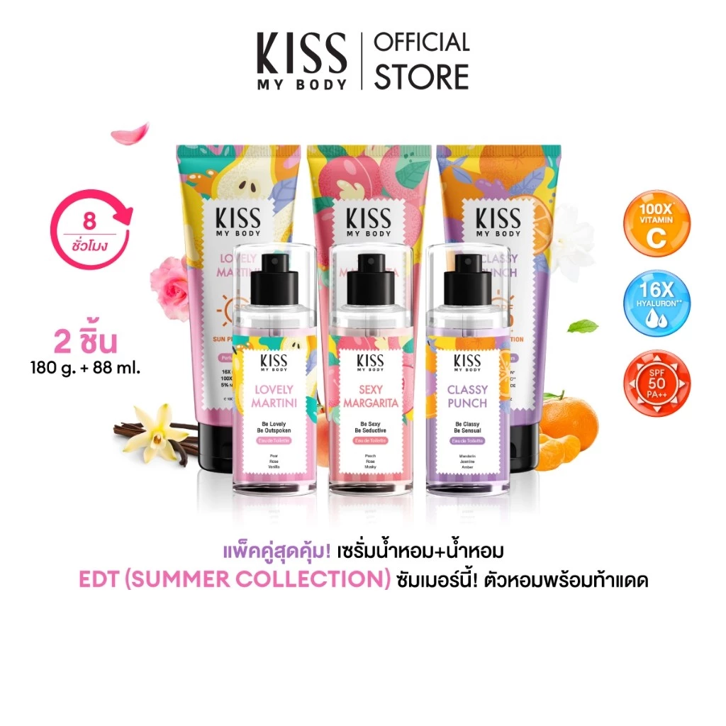 [แพ็คคู่รับSummer] Kiss My Body Perfume เซรั่มกันแดดน้ำหอม SPF50 PA++++​ 180ml. & น้ำหอม EDT 88ml.​