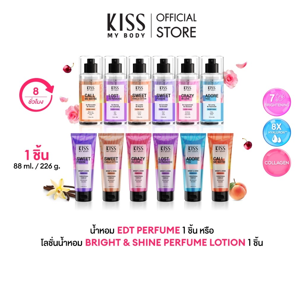 Kiss My Body โลชั่นน้ำหอม Bright & Shine 226g. หรือ สเปรย์น้ำหอม 88ml. (มีให้เลือก 6 กลิ่น)