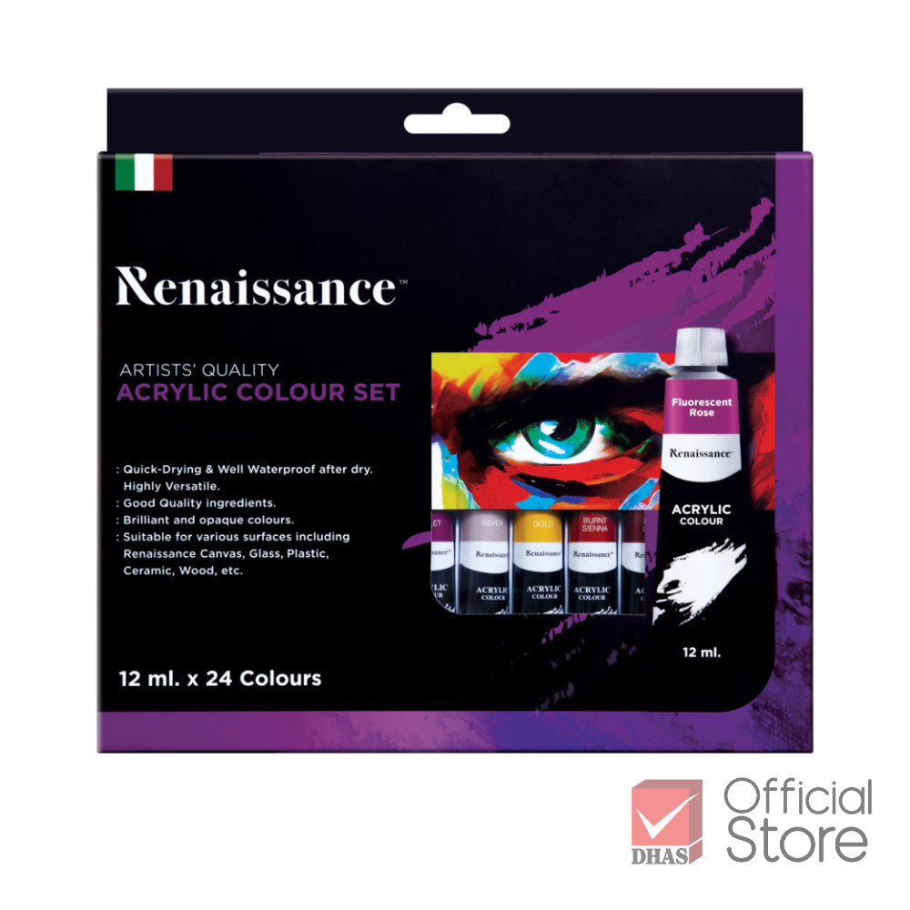 Renaissance สีอะคริลิค ชุดสีอะคริลิค 12 มล. 24 สี จำนวน 1 กล่อง